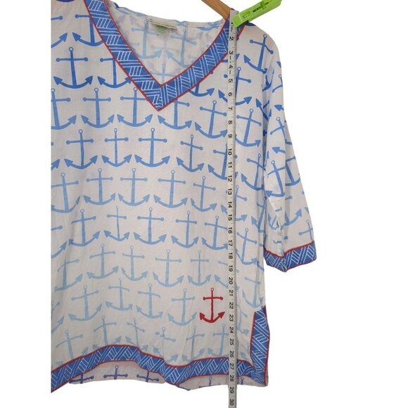 EcoAccents Tunic Top Cover Up Womens Medium Nautical Anchor Print 3/4 Sleeve - Picture 8 of 9